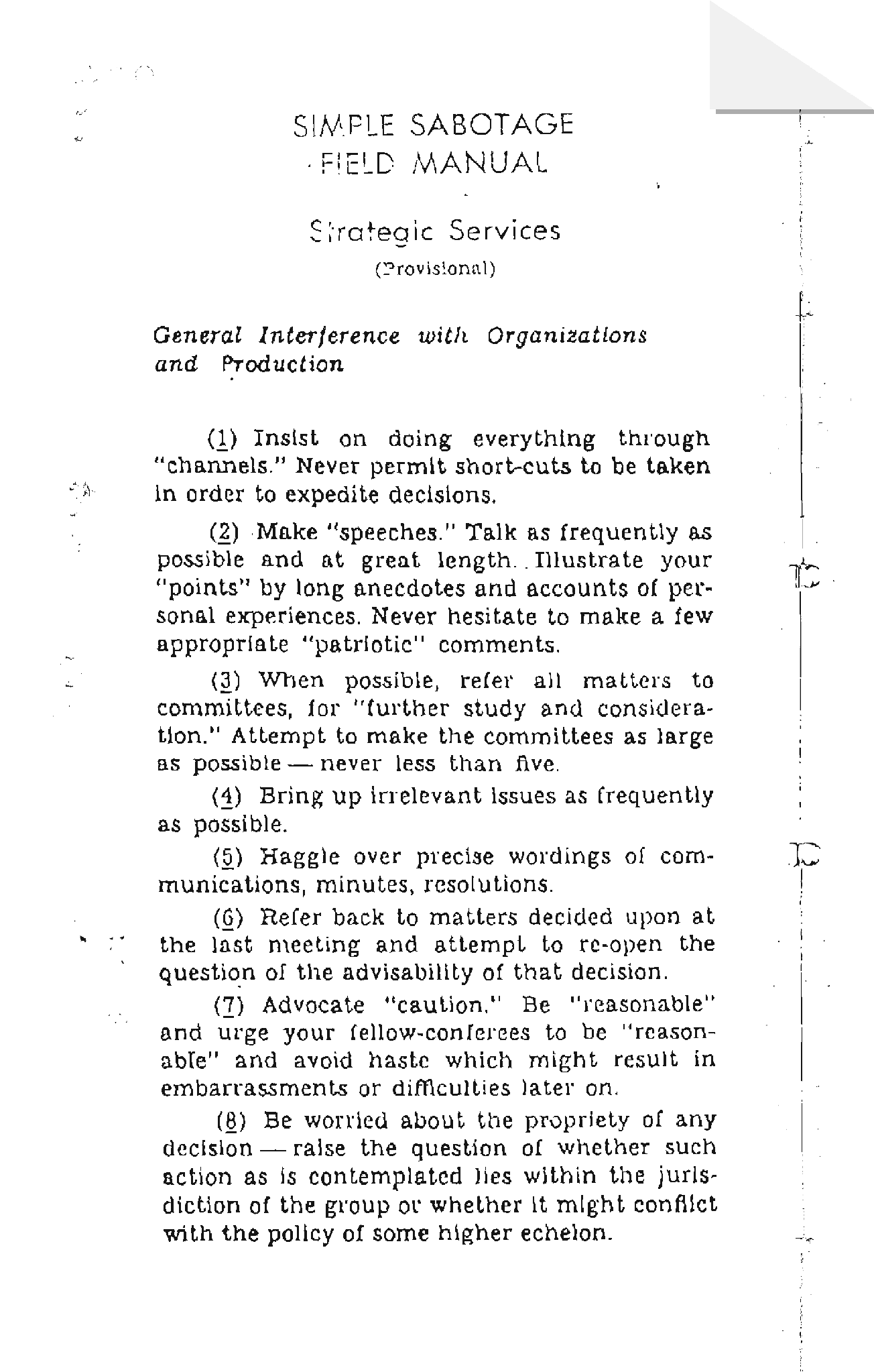 Auszug aus dem Simple Sabotage Field Manual der CIA (1944): acht Regeln, wie man Organisationen und Konferenzen sabotiert