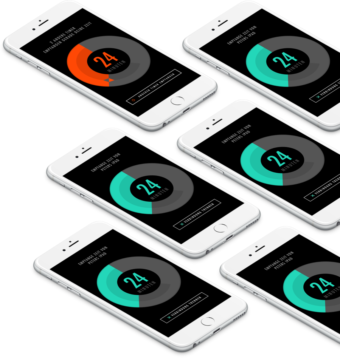 Sechs iPhones mit Team Timer, einer als Master in Orange, die anderen synchronisiert in Türkis