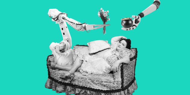 Collage: Frau liegt auf einem verzierten Sofa, darüber reichen ihr zwei Roboterarme einen Blumenstrauß und eine Schale