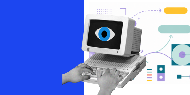 Collage: Alter Apple-Computer mit einem großen blauen Auge auf dem Bildschirm, Hände auf der Tastatur, bunte geometrische Formen