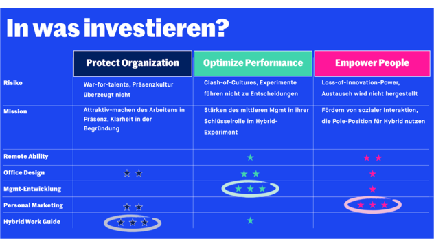 Investitionsmatrix je Archetyp: Risiko und Mission sowie Sterne-Bewertung für Remote Ability, Office Design, Mgmt-Entwicklung, Personal Marketing und Hybrid Work Guide; markiert sind Hybrid Work Guide bei Protect, Mgmt-Entwicklung bei Optimize und Personal Marketing bei Empower