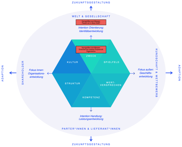 Strategie-Hexagon mit den sechs Feldern Zweck, Spielfeld, Wertversprechen, Kompetenz, Struktur und Kultur; hervorgehoben sind die Kenngrößen im Feld Zweck: „Passen wir in diese Welt?" und „Erreichen wir unseren Purpose als Organisation?"