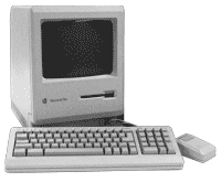 Klassischer Macintosh mit beigem Kompaktgehäuse, Tastatur und Maus als Animation