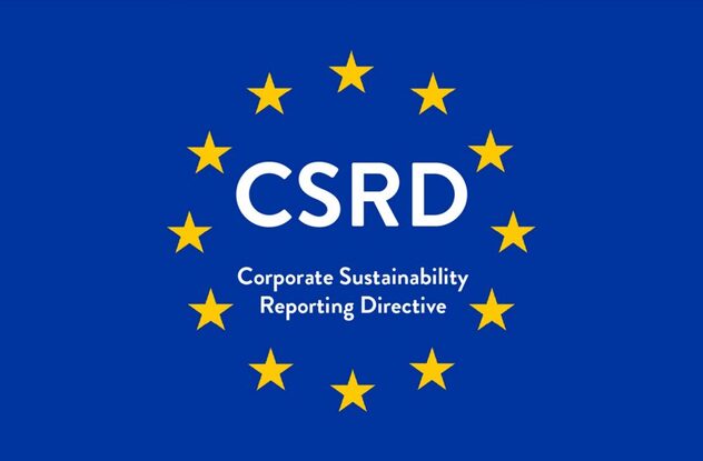 EU-Sternenkreis auf blauem Grund mit dem Schriftzug CSRD – Corporate Sustainability Reporting Directive