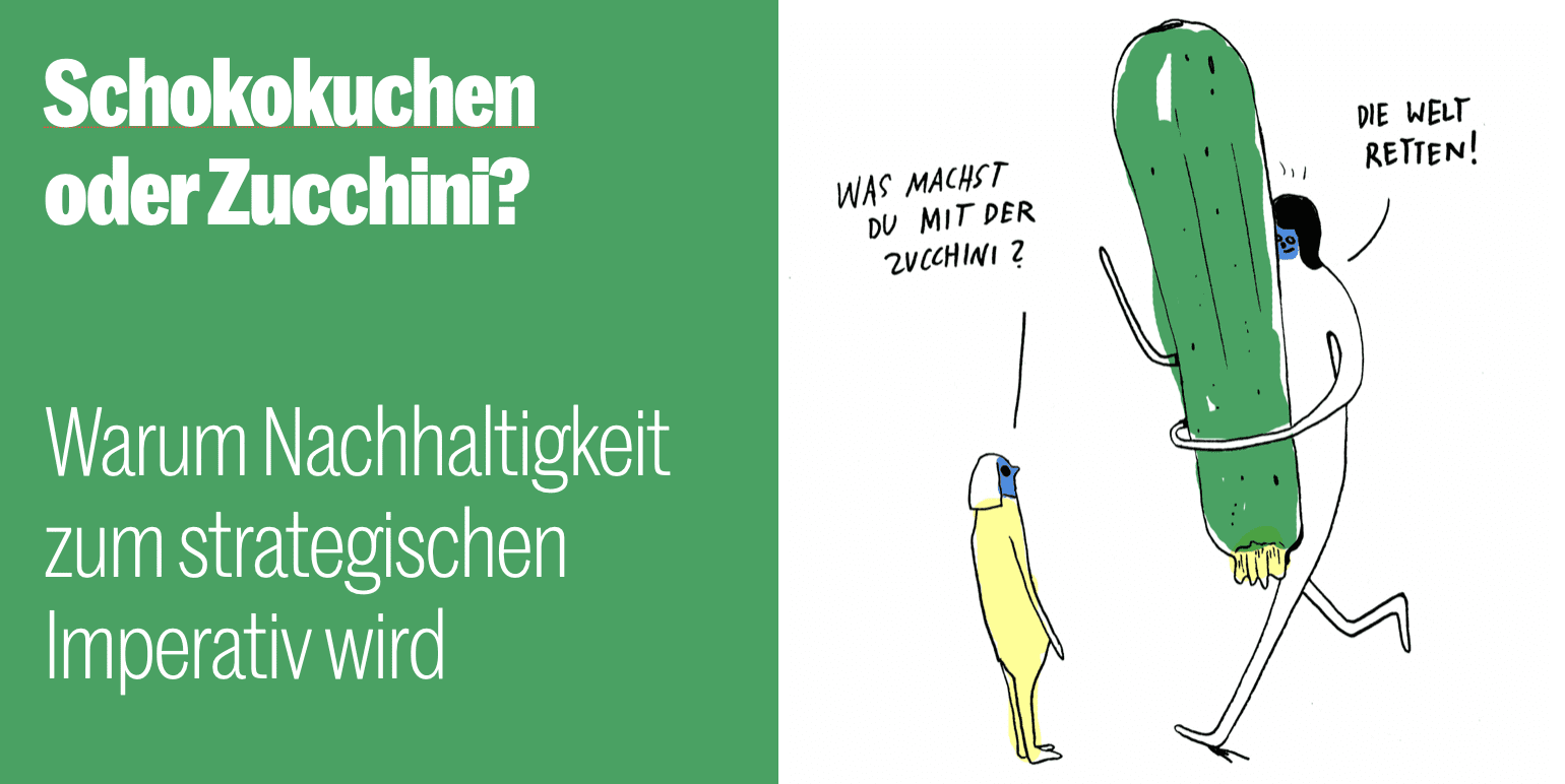 Strichzeichnung: Figur schleppt eine riesige Zucchini und ruft „Die Welt retten!“, eine Bananenfigur fragt „Was machst du mit der Zucchini?“