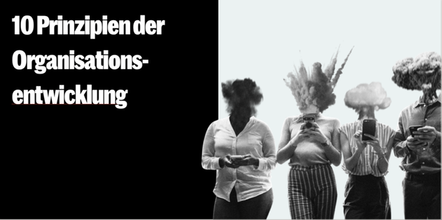 Vier Menschen mit Smartphones in der Hand, deren Köpfe als explodierende Rauchwolken dargestellt sind, schwarzweiß