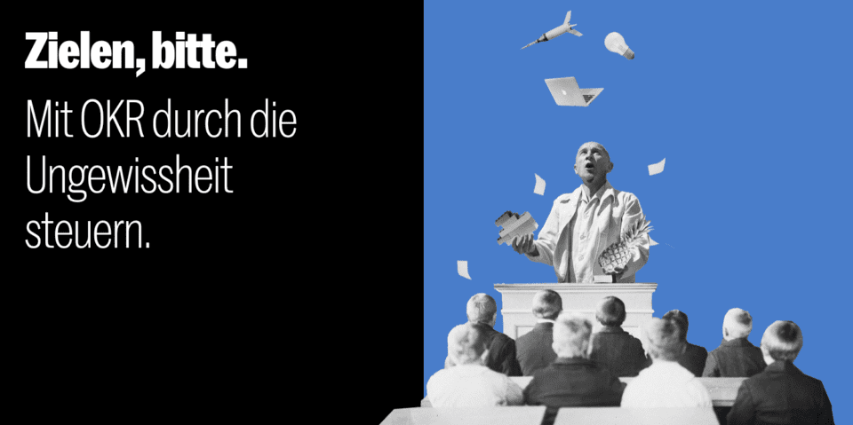 Collage: ein Mann am Rednerpult jongliert vor sitzendem Publikum mit Laptop, Glühbirne, Rakete und Papierblättern; Titelzeile „Zielen, bitte.“