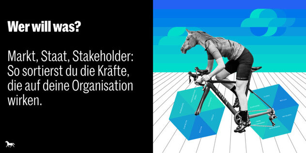 Collage: Radfahrerin mit Pferdekopf auf einem Rennrad, darunter türkise Sechsecke; Textfeld „Wer will was?“