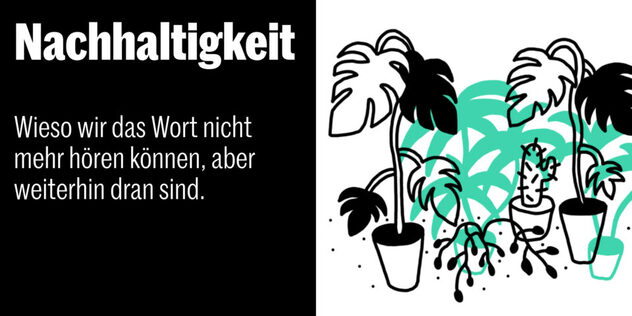 Illustration mehrerer Topfpflanzen in Schwarz und Türkis, darunter eine vertrocknete Pflanze mit herabhängenden Blättern