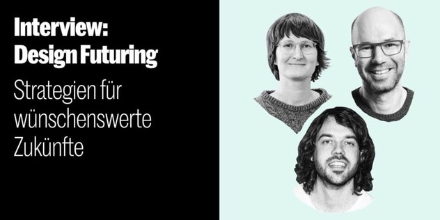 Freigestellte Schwarzweiß-Porträts von zwei Männern und einer Frau vor mintfarbenem Hintergrund