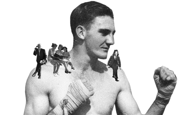 Boxer in Kampfhaltung, auf dessen Schultern kleine Büroangestellte sitzen, telefonieren und lesen