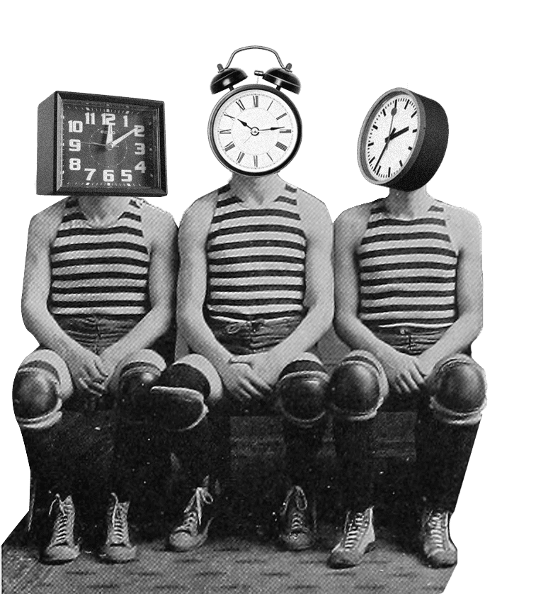 Fotocollage: Drei Sportler in gestreiften Trikots sitzen nebeneinander, jeder mit einer anderen Uhr – Tischuhr, Wecker, Wanduhr – als Kopf