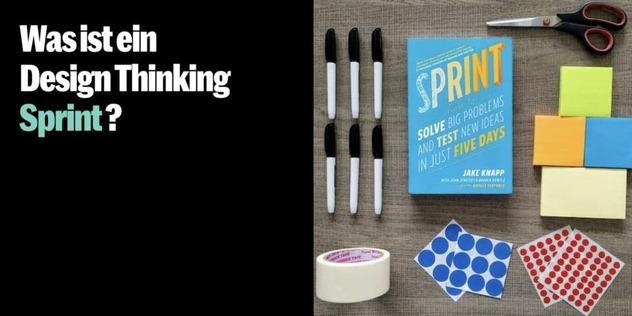 Buch „Sprint“ von Jake Knapp auf Holztisch, daneben schwarze Marker, Schere, Klebeband, bunte Haftnotizen und Klebepunkte