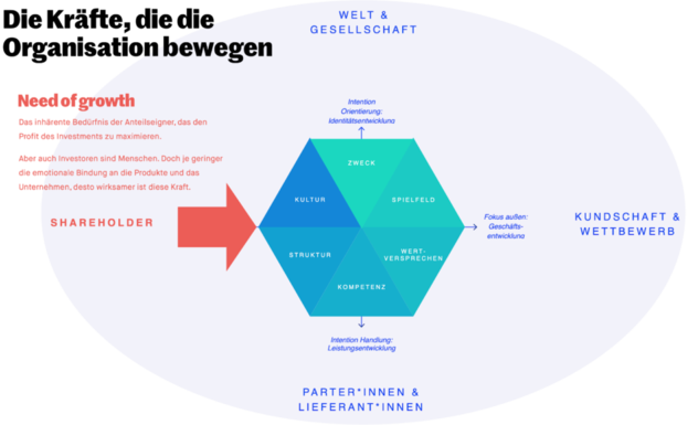 Strategie-Hexagon mit einem roten Pfeil, der von links aus dem Shareholder-Feld auf Kultur und Struktur drückt; das Wachstumsbedürfnis der Anteilseigner wirkt umso stärker, je geringer die emotionale Bindung ans Unternehmen ist