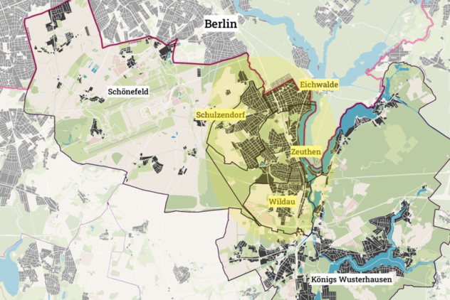 Karte des Projektgebiets südöstlich von Berlin: die vier Kommunen Eichwalde, Schulzendorf, Zeuthen und Wildau sind hervorgehoben, umgeben von Schönefeld und Königs Wusterhausen