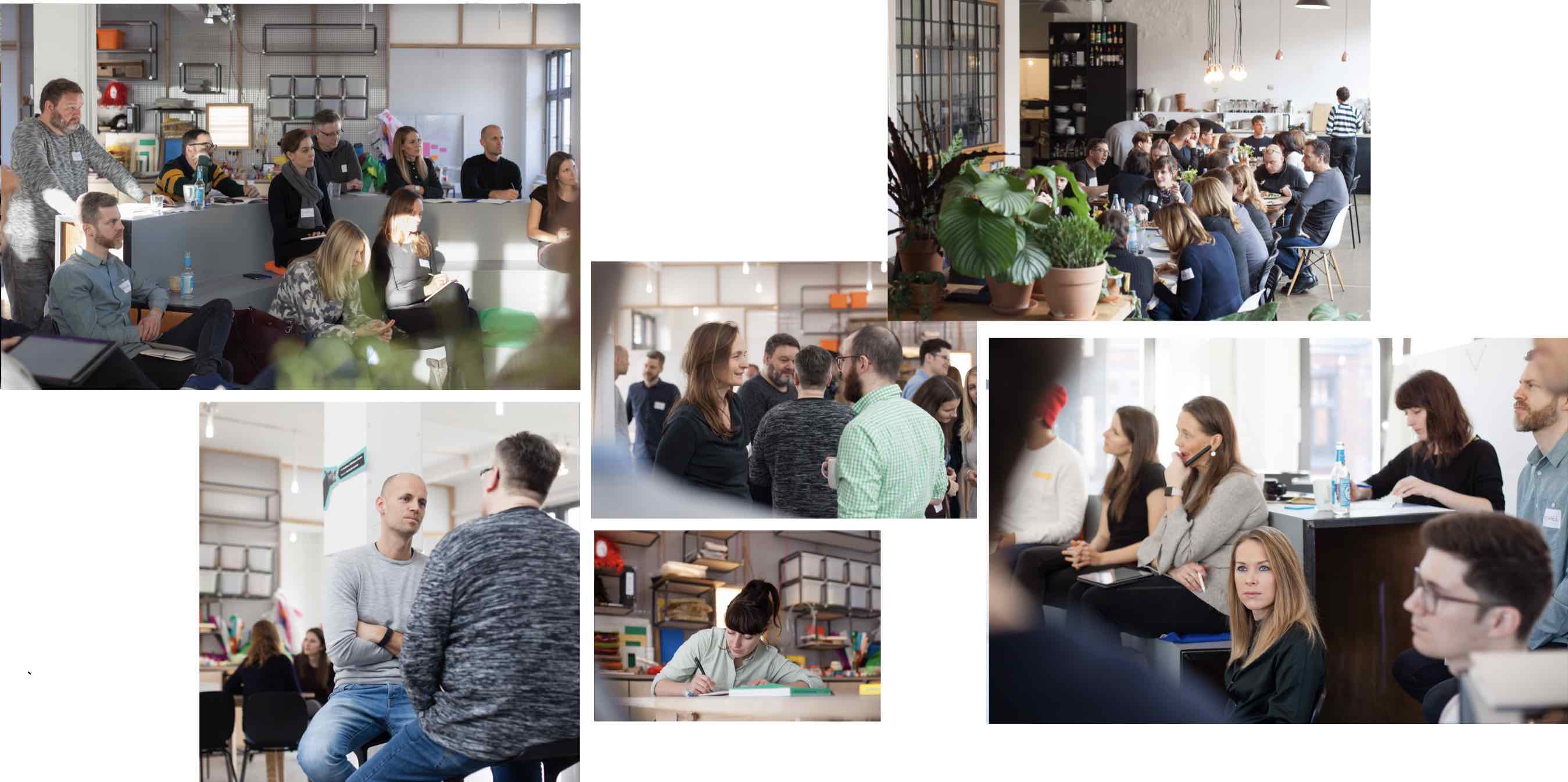 Die Sammlung mehrerer Fotos aus dem Workshop zeigt Gruppen und Personen beim Arbeiten, Denken, Reden und Essen