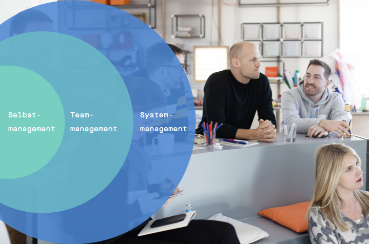 Drei Ebenen der Komplexitätskompetenz: Selbstmanagement, Teammanagement und Systemmanagement, im Hintergrund Teilnehmende im Workshop