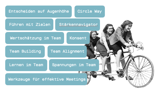 Methoden der Ebene Team: Entscheiden auf Augenhöhe, Circle Way, Führen mit Zielen, Stärkennavigator, Wertschätzung, Konsent, Team Building, Team Alignment, Lernen im Team, Spannungen im Team und Werkzeuge für effektive Meetings