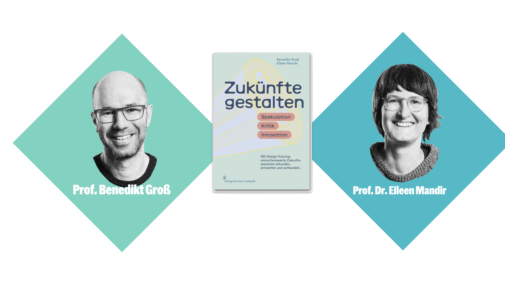 Die Trainer*innen Prof. Benedikt Groß und Prof. Dr. Eileen Mandir mit ihrem Buch „Zukünfte gestalten“